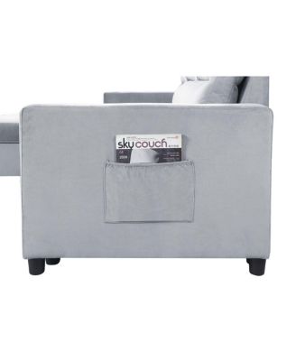 81.5"W Light Gray Velvet Reversible Sleeper Sectional Sofa with Storage Chaise and Side Pocket
