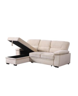 97.5"W Beige Velvet Fabric Reversible Sleeper Sectional Sofa Chaise