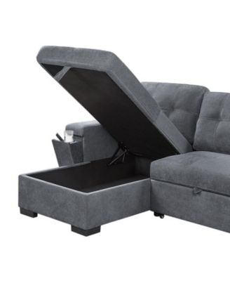 95"W Gray Woven Fabric Reversible Sleeper Sectional Sofa with Storage Chaise Cup Holder Charging Ports and Pockets