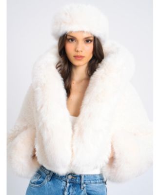 Women's Kali White Cropped Faux Fur Jacket With Hood