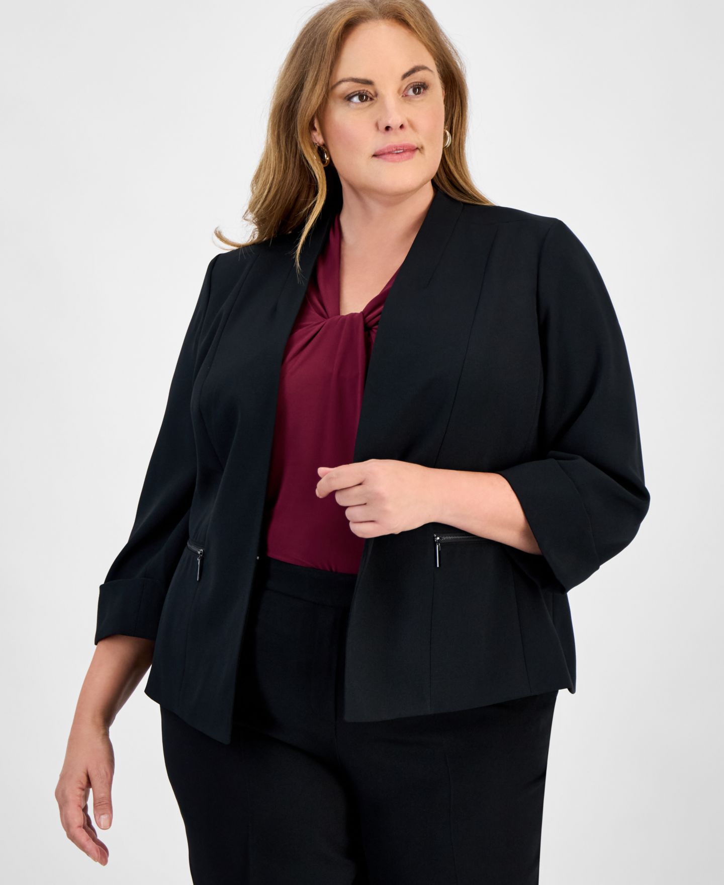 Женский пиджак Kasper Plus Size Stretch Crepe Collarless Open Front Blazer, цвет: Чёрный — фото 5