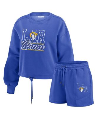 WEAR by Erin Andrews - Women's 2-Piece Royal Los Angeles Rams Washed Fleece Long Sleeve T-Shirt and Shorts Lounge Set