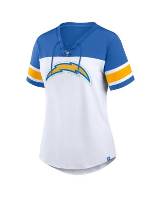 Women's White/Powder Blue Los Angeles Chargers Athena Rhinestone Lace-Up V-Neck T-Shirt