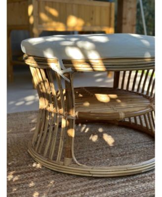 - Natural Rattan and Beige Fabric Pouf Exotic Boho Upholstery Living Room