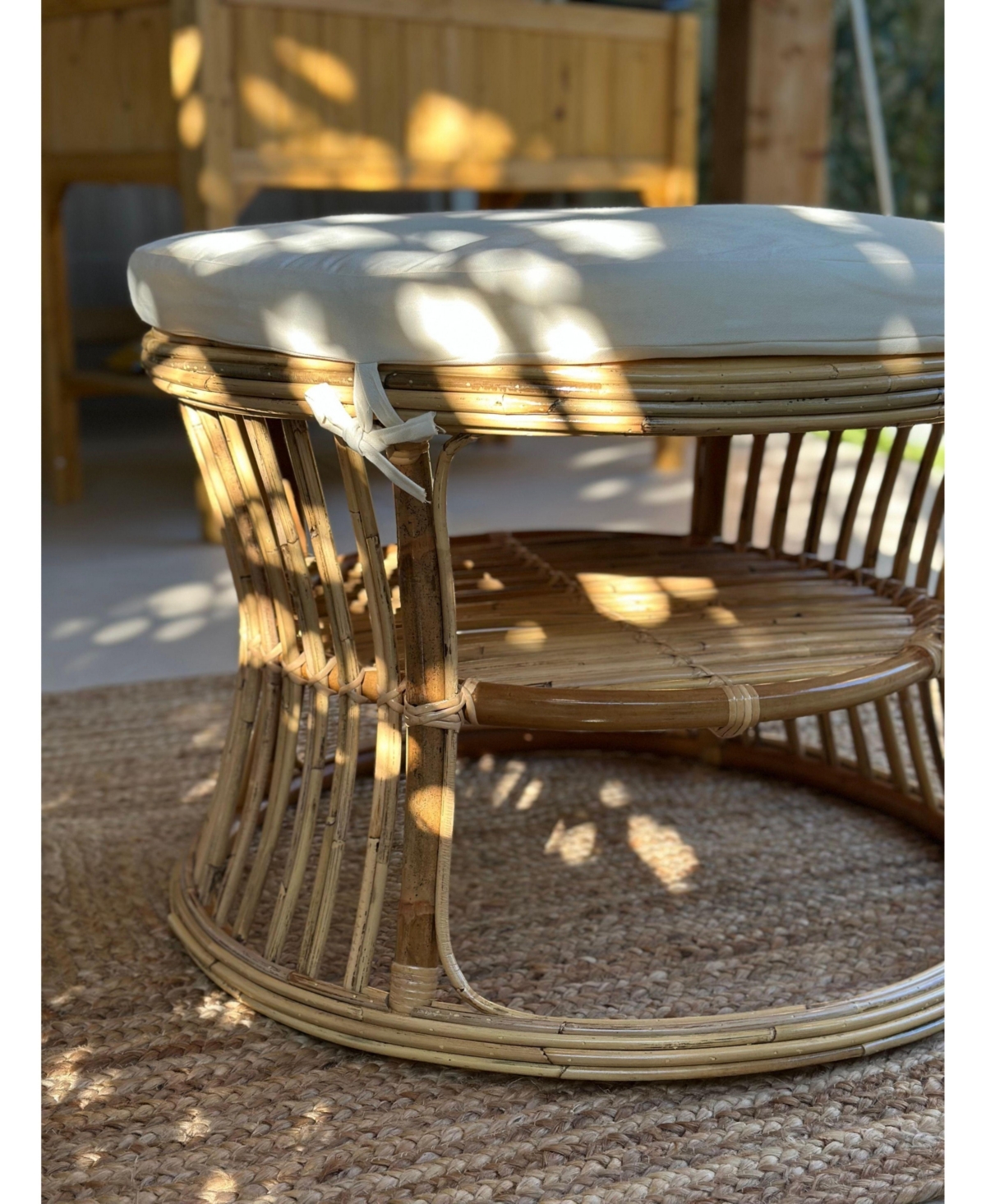 Nordlys - Natural Rattan and Beige Fabric Pouf Exotic Boho Upholstery Living Room