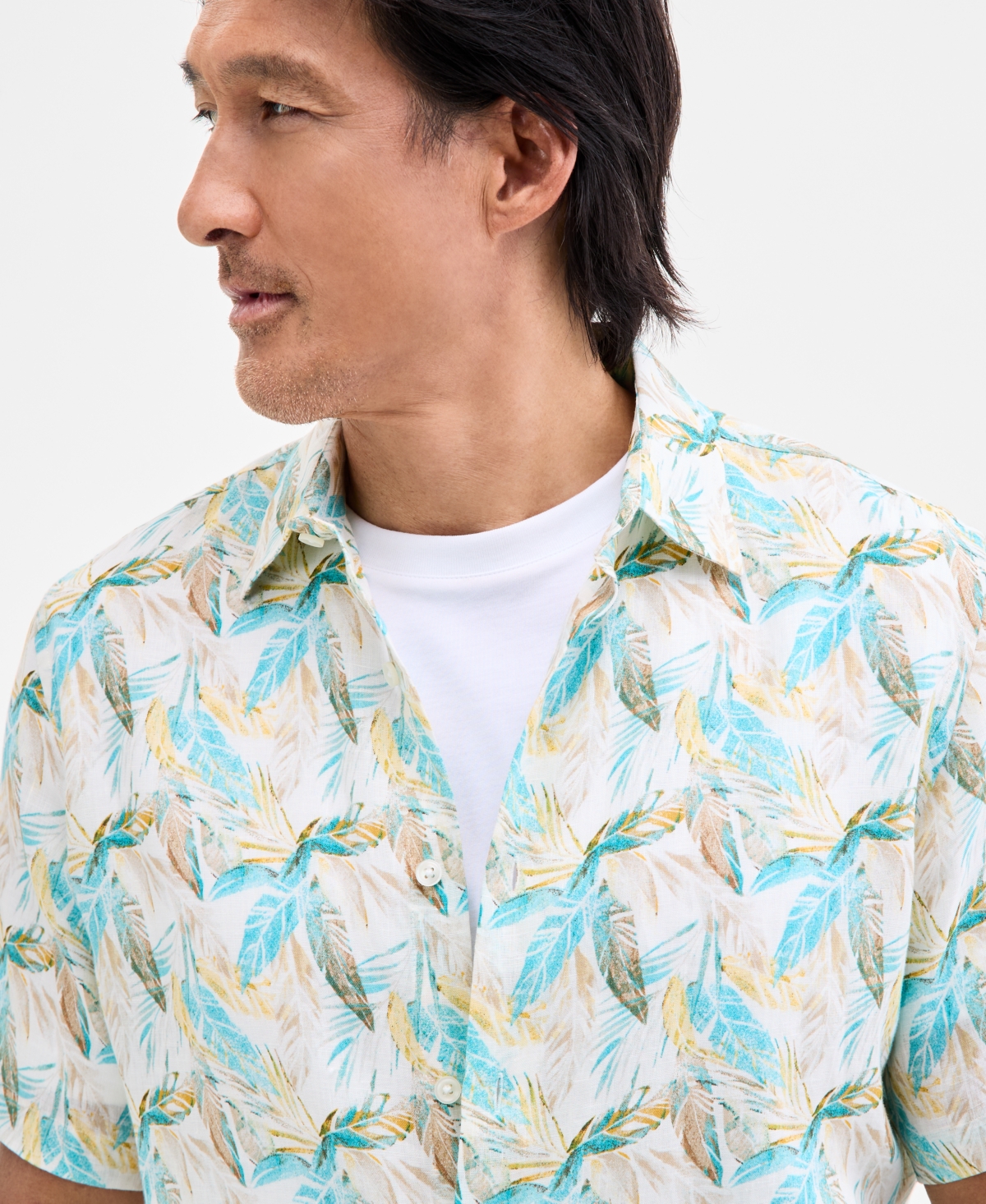 Club Room Men's Regular-fit Tropical-print Button-down Linen Shirt, Macy's Exclusive In Gray