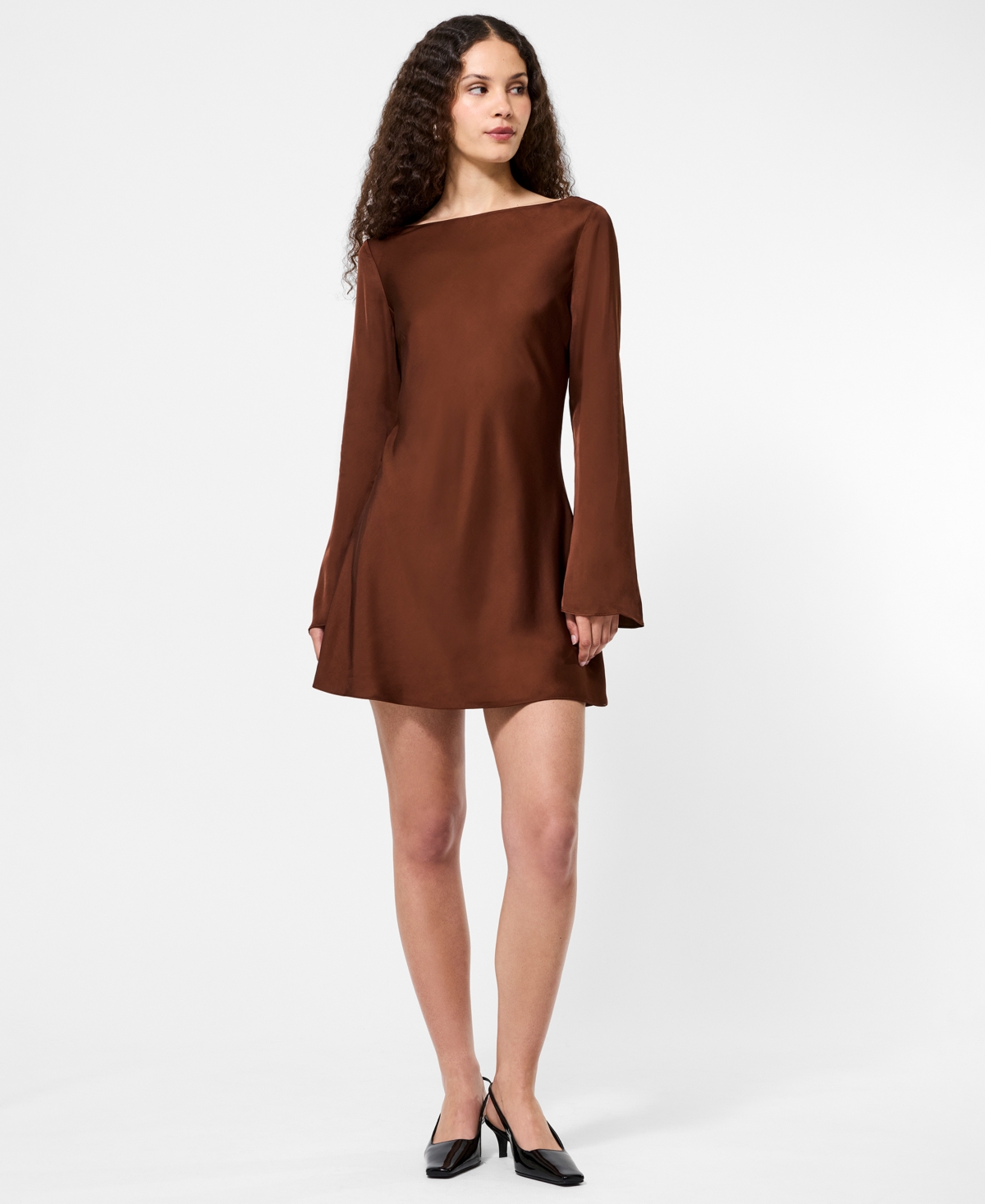 French Connection Ennis Satin Bell Sleeve Mini Dress In Brown