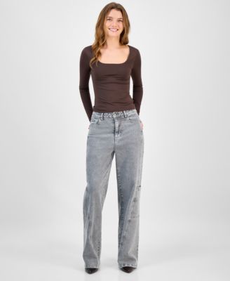 Juniors' Square-Neck Double-Layer Long-Sleeve