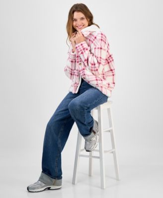 Juniors' Plaid Sherpa Hoodie Shacket