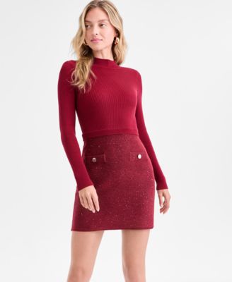 Juniors Sequin Textured Skirt Fitted Sweater Dress