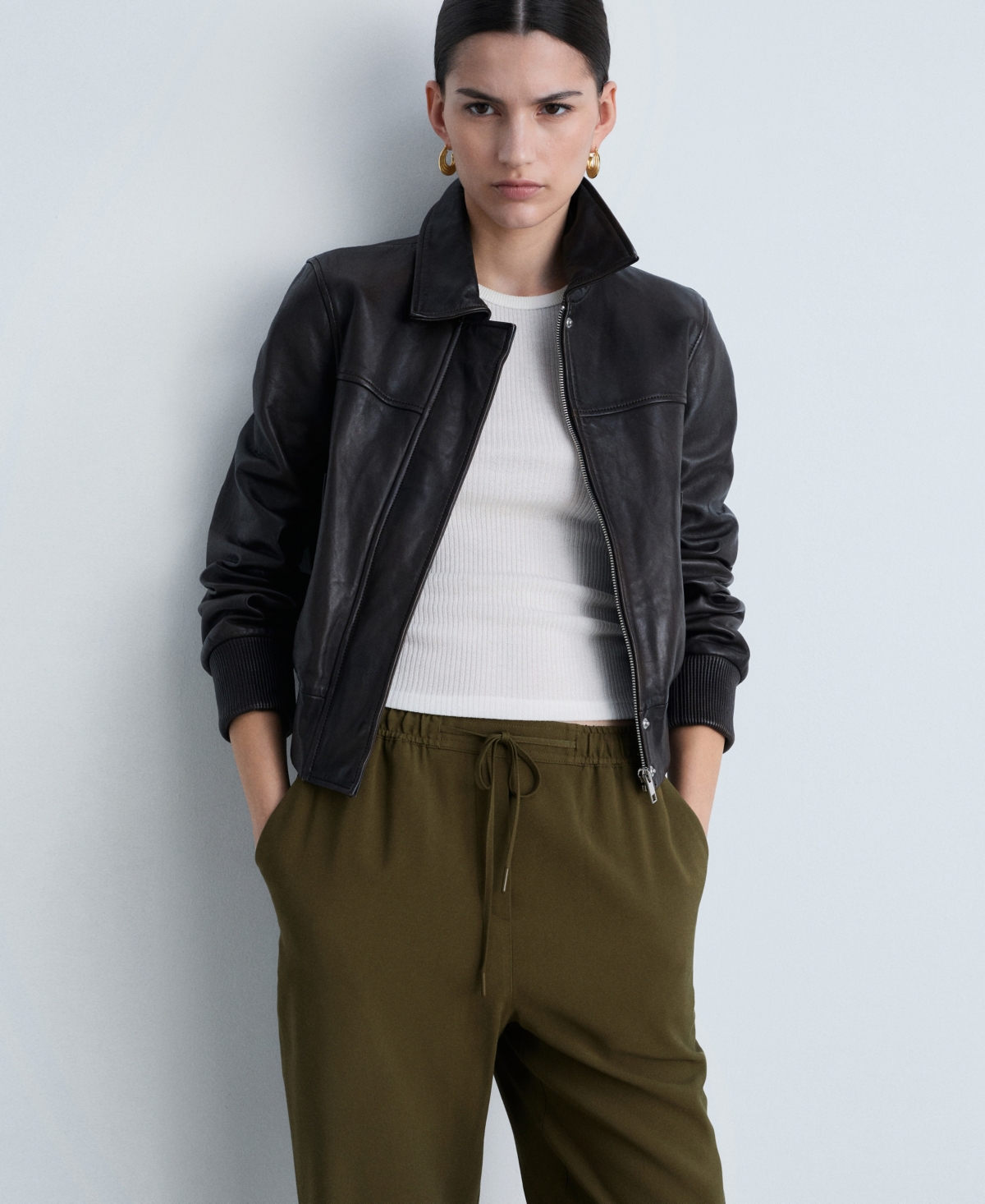 Mango Elastic Waist Flowy Pants In Green