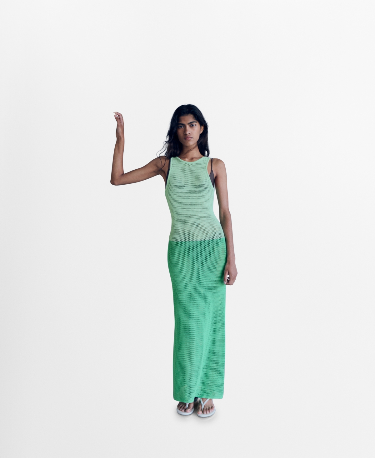 Mango Long Two-tone Crochet Dress Green In Green