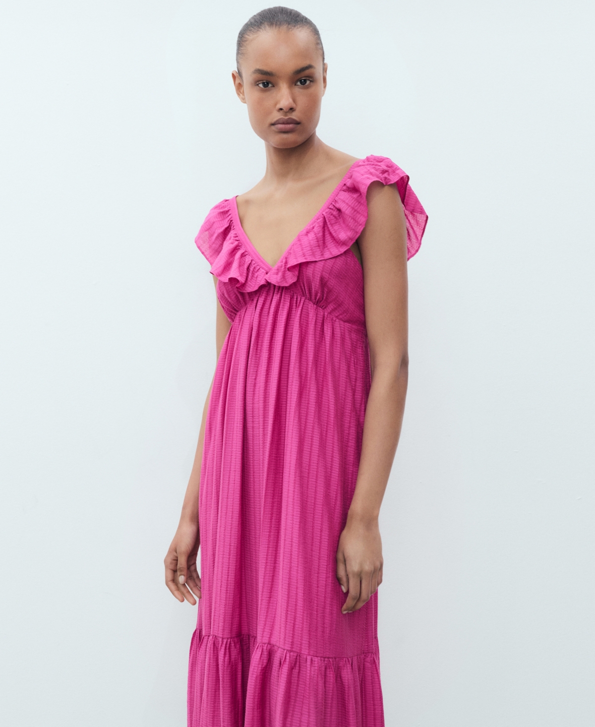 Mango Long Dress With Ruffle Neckline Fuchsia In Multi