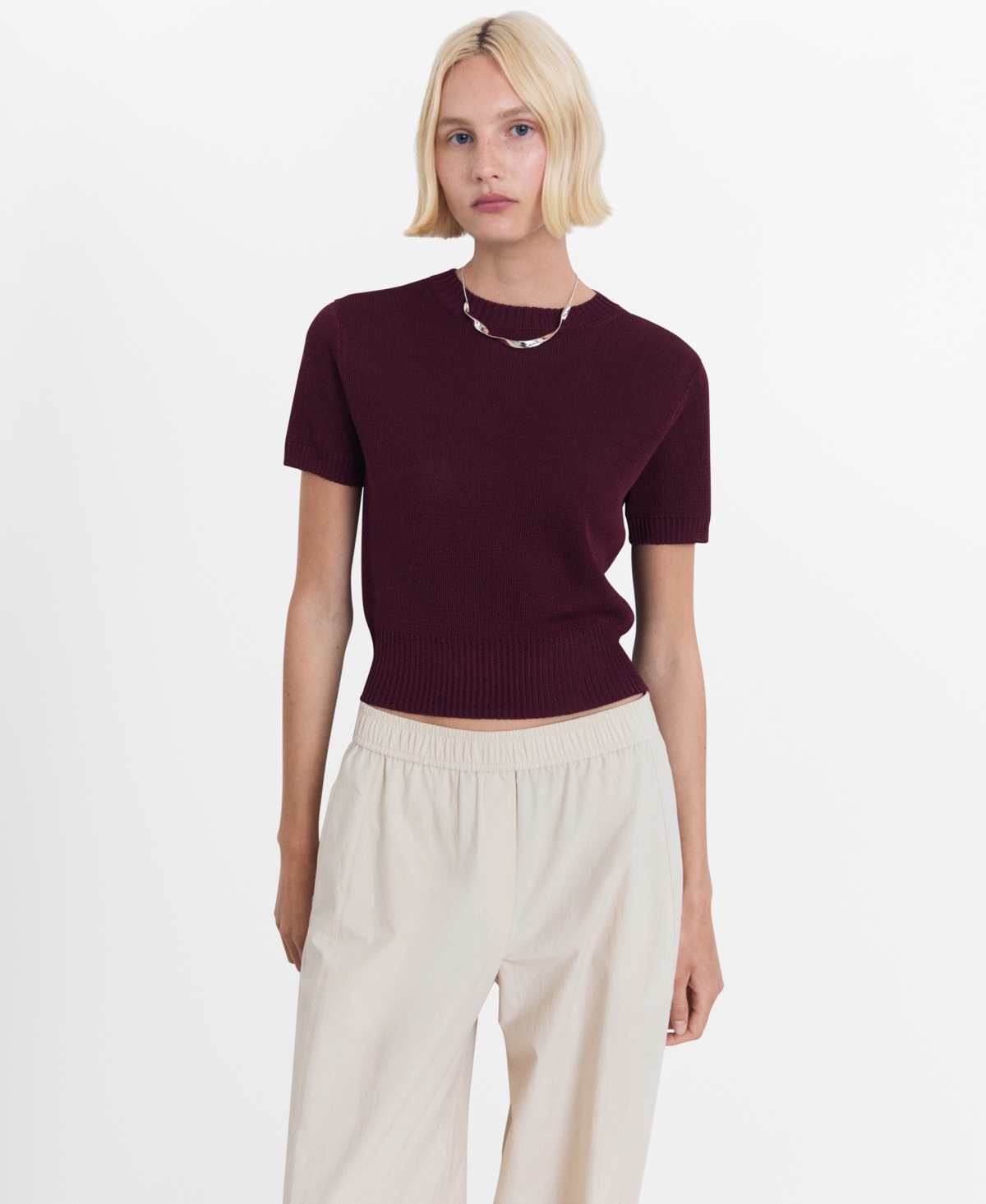 Mango Women's Short-sleeved Crop Sweater In Burgundy