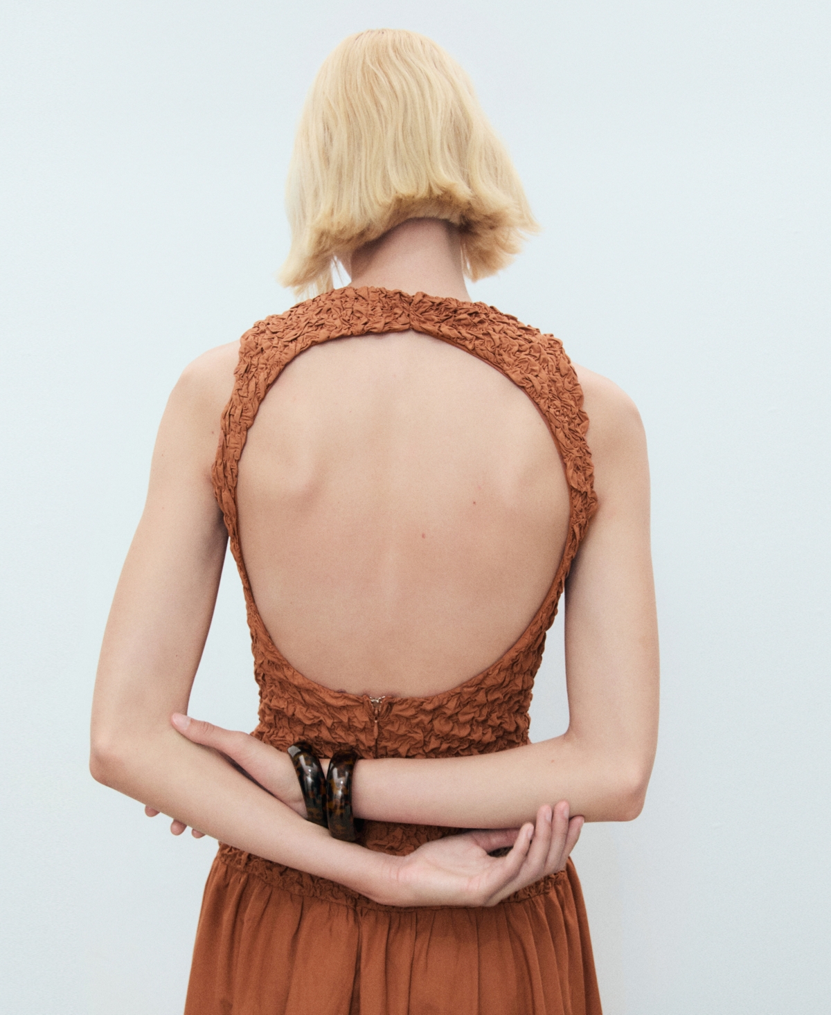 Mango Textured Bodice Open Back Sundress In Brown