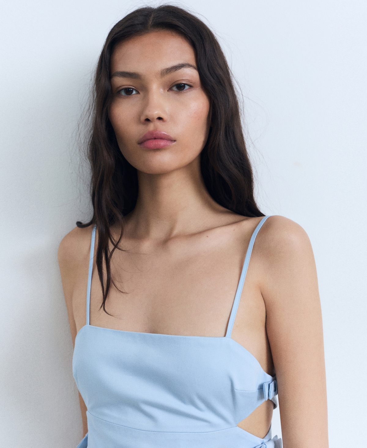 Mango Cut Out Mini Dress With Bow Detailing In Blue