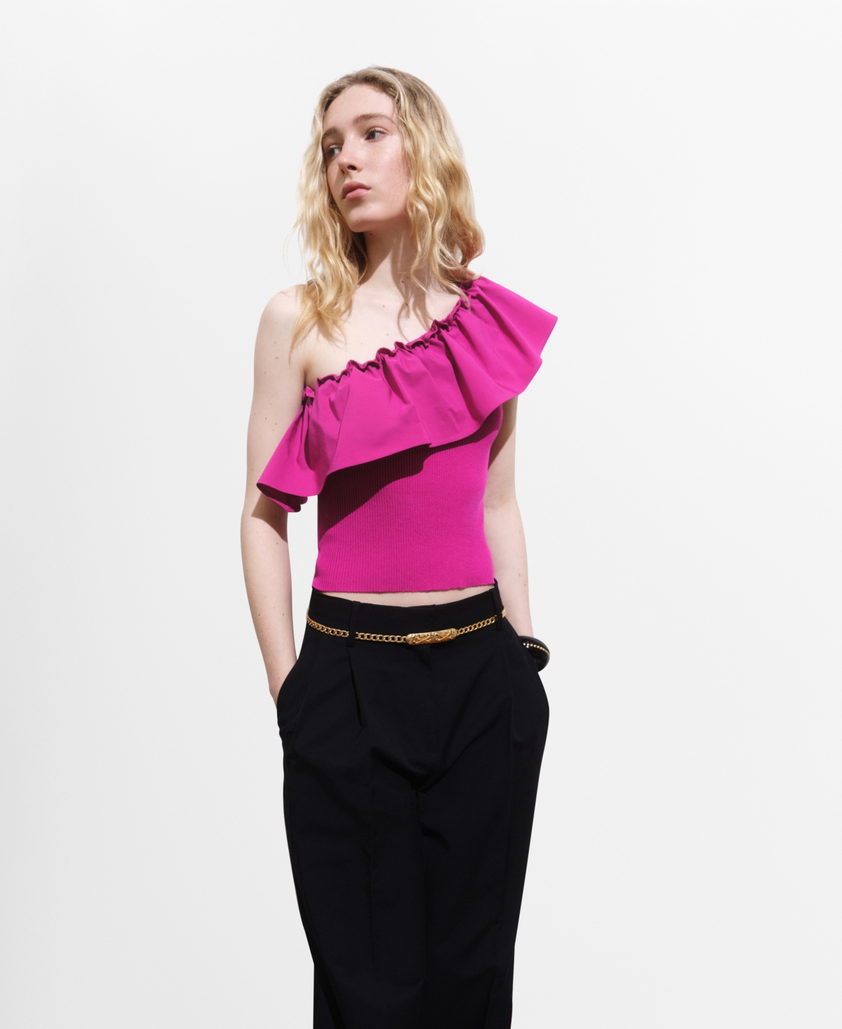 Women's Combined Knit Fabric Asymmetric Top - Fuchsia
