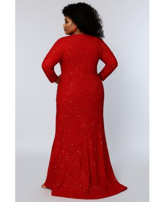 Women's Long Sleeve Fitted Scoop Neck Sequin Plus Size Gown