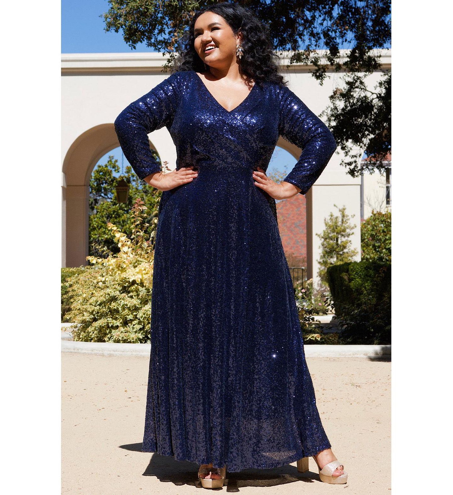 Женское платье Celebrations by Sydney's Closet Long Sleeve Sequin Formal, цвет: Тёмно-синий — фото 2