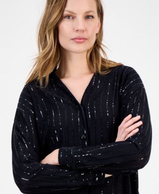 Women's Metallic-Stripe Split-Neck Blouse