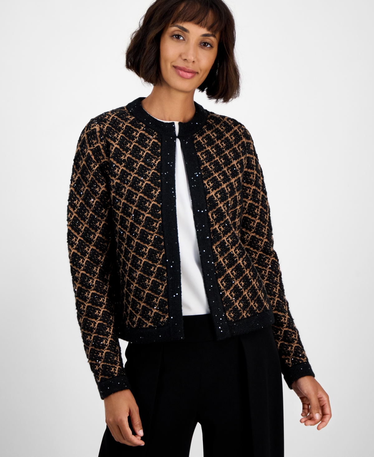 Anne Klein Texture Plaid Beaded Cardigan In Multi