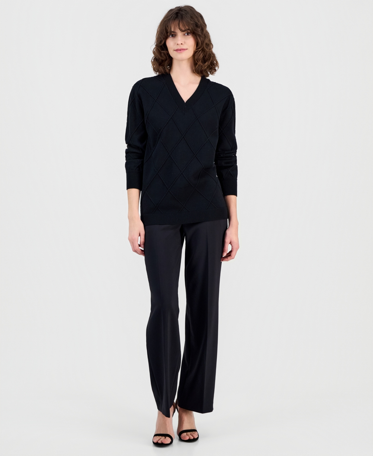 Anne Klein Women's Diamond Knit V-neck Sweater In Black