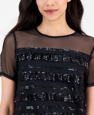 Women's Crewneck Sequin-Fringe-Trim Top