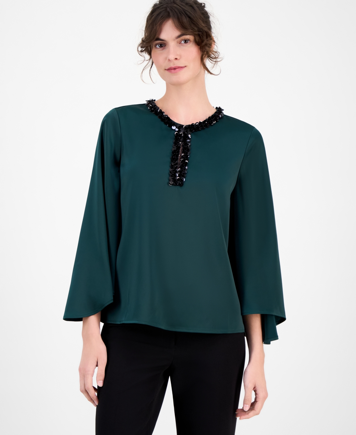 Anne Klein Women's Sequinned-Neck Flutter-Sleeve Top