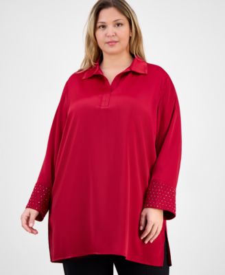 Anne Klein - Plus Size Satin-Collar Embellished-Cuff Tunic
