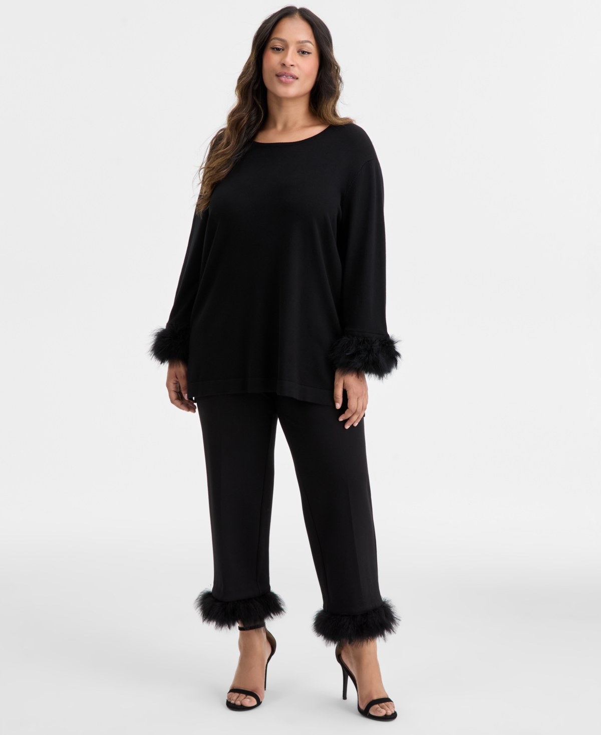 Anne Klein Plus Size Feather-cuff Long-sleeve Sweater In Black