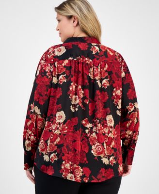 Plus Size Printed Pleat-Front Split-Neck Blouse