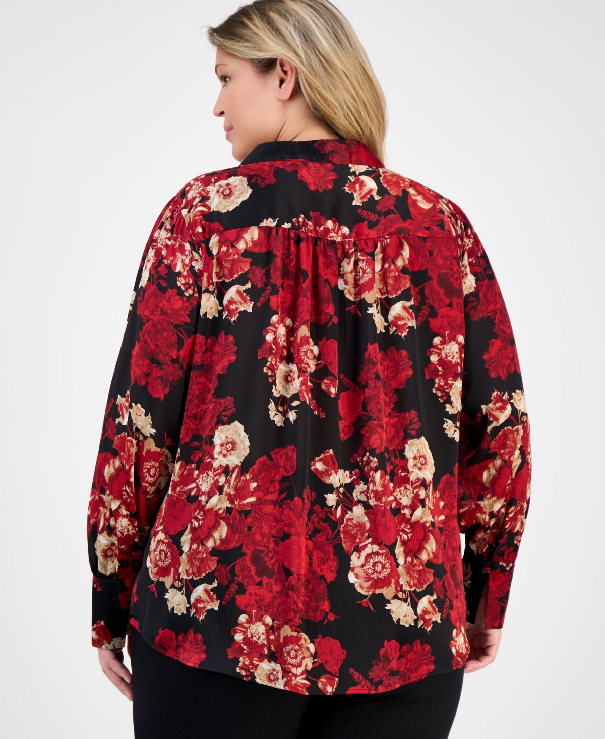 Anne Klein Plus Printed Pleat-Front Split-Neck Blouse