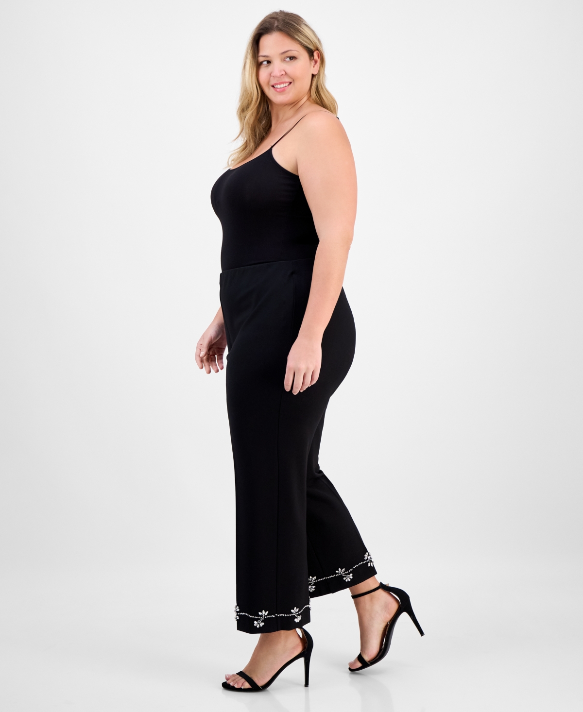 Anne Klein Plus Size Embellished High-rise Kick-flare Pants In Black