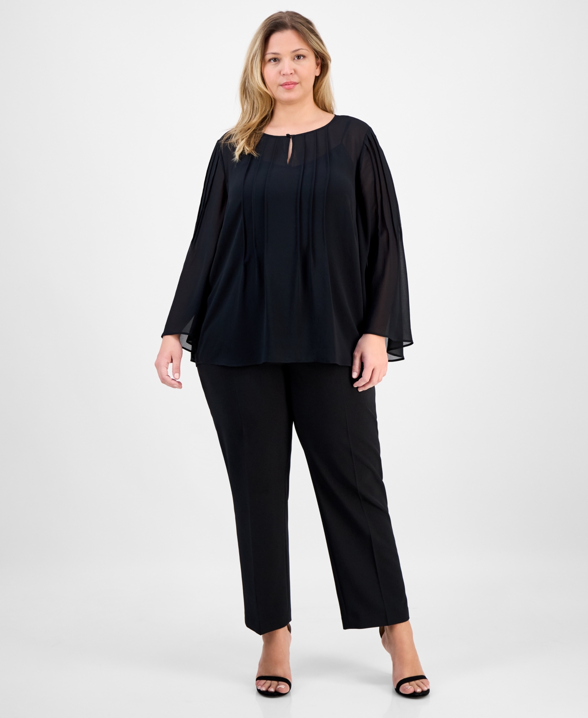 Anne Klein Plus Size Chiffon Pintuck Flutter-Sleeve Blouse