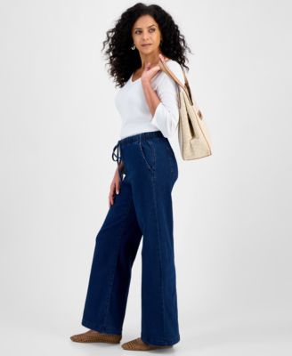 Petite High-Rise Pull-On Wide-Leg  Jeans, Exclusively at Macy's
