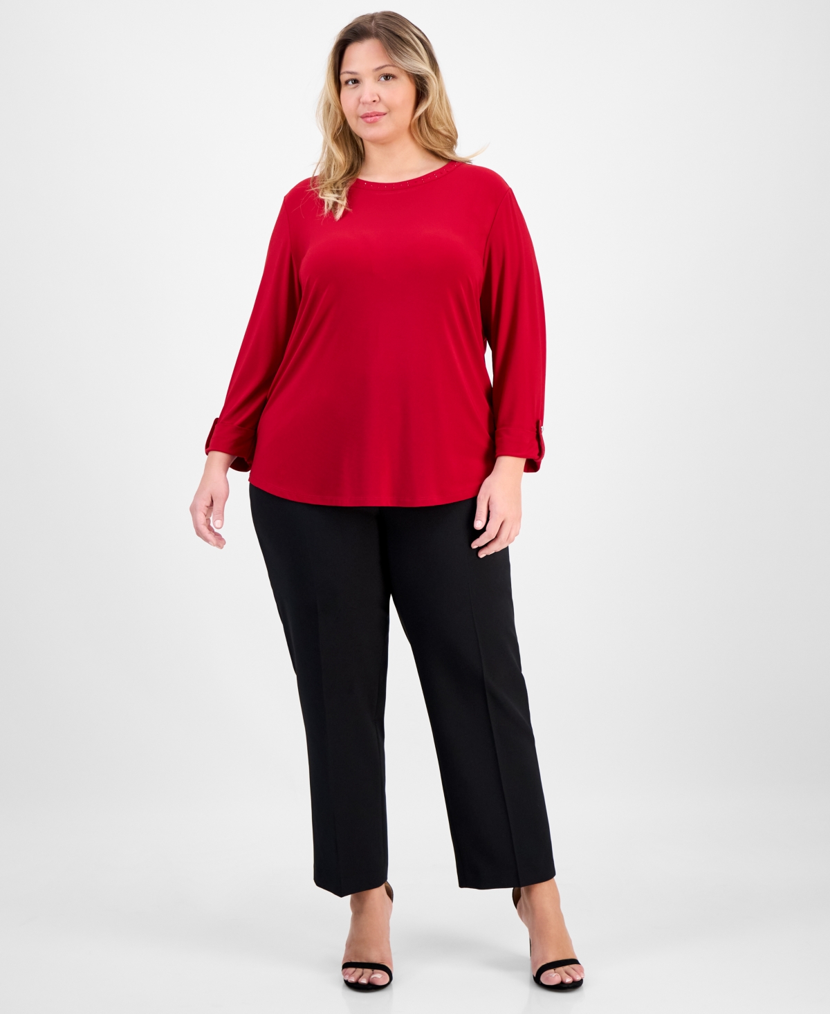 Ak Anne Klein Plus 3/4-Sleeve Roll-Tab Crewneck Top