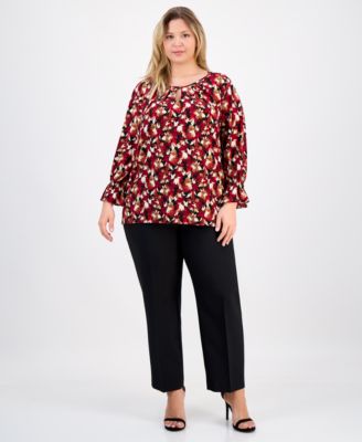 Plus Size Printed 3/4-Sleeve Keyhole Blouse