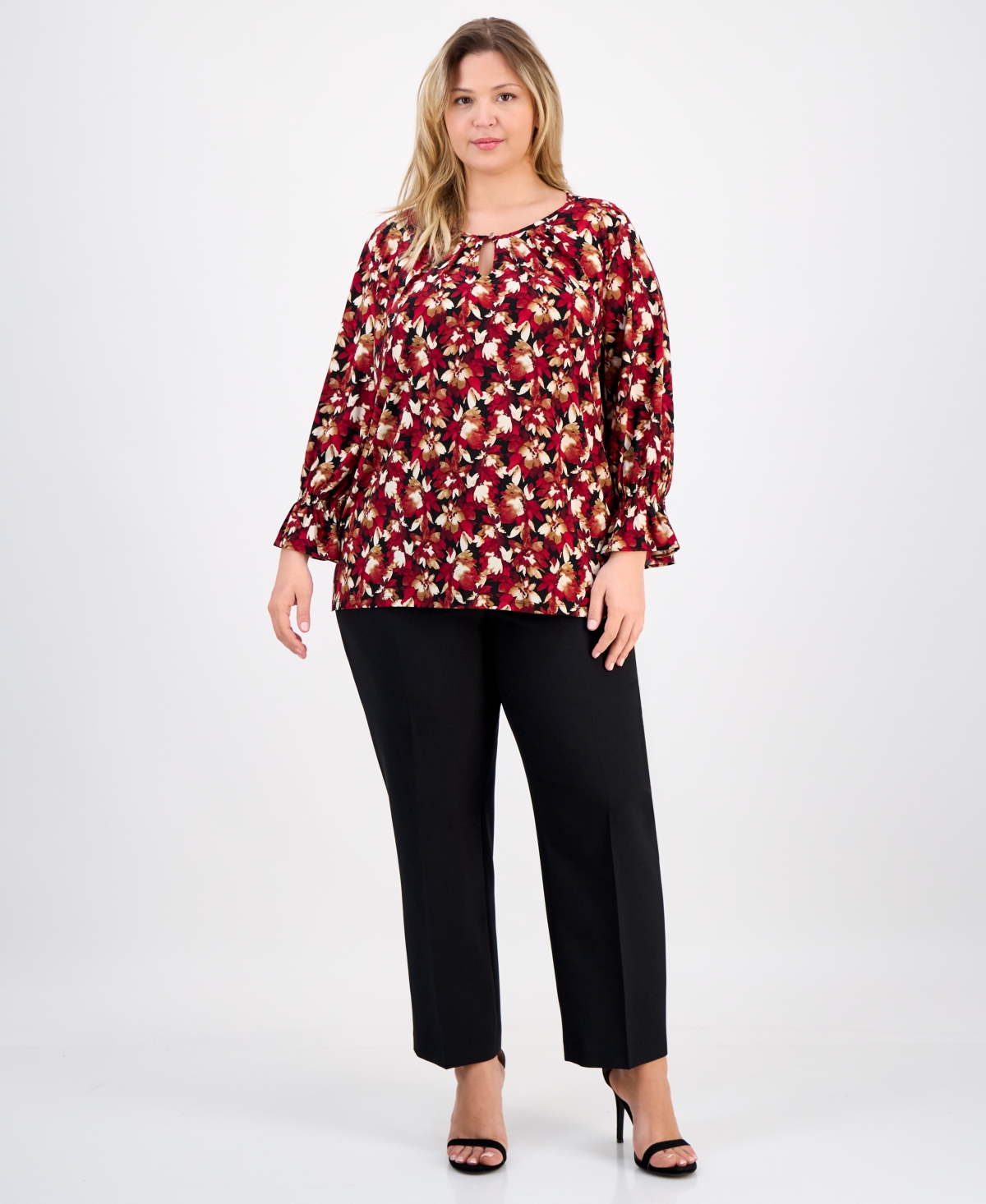 Ak Anne Klein Plus Size Printed Long-sleeve Keyhole Blouse In Red