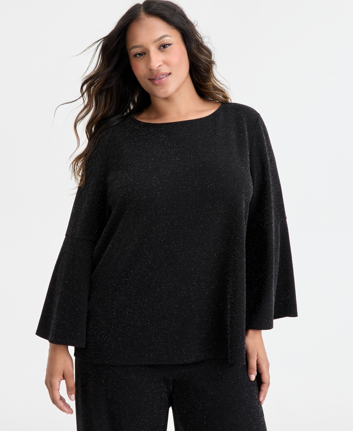 Ak Anne Klein Plus Size Bell-Sleeve Knit Pullover Top