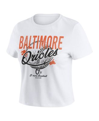 Women's White Baltimore Orioles Distressed Cropped Baby T-Shirt