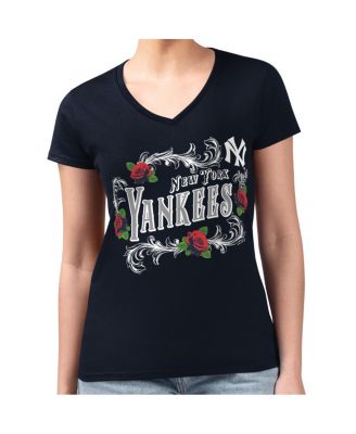 G-III 4Her by Carl Banks - Women's Navy New York Yankees Retro Roses Fitted V-Neck T-Shirt