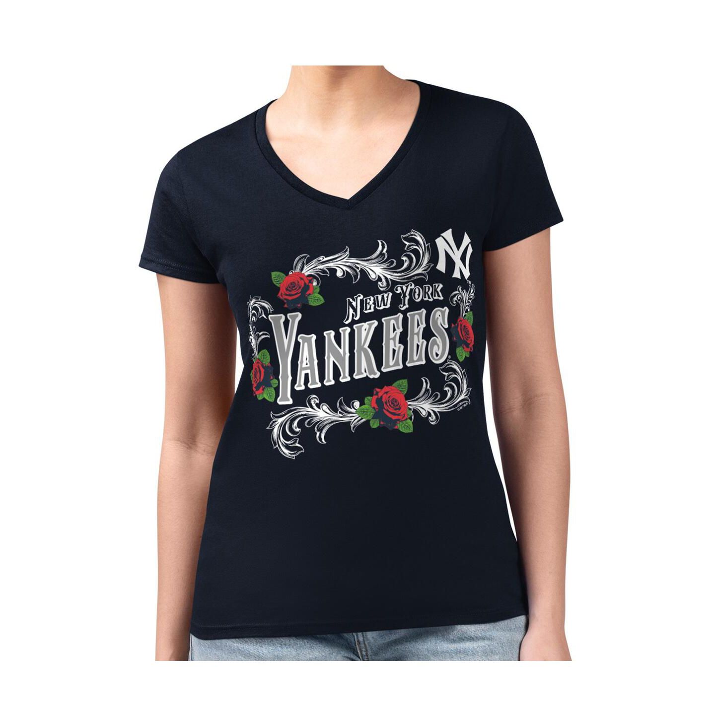 Женская футболка G-III 4Her by Carl Banks Navy New York Yankees Retro Roses Fitted V-Neck — фото 1