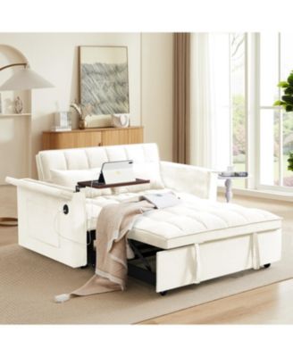 Foldable Velvet Sofa Bed with USB Desk (Beige)