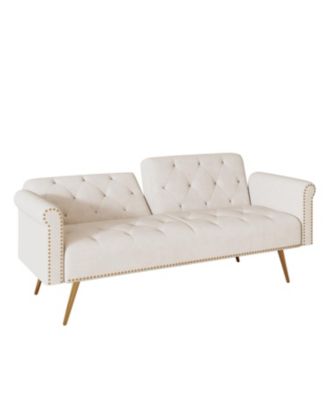Beige Velvet Sofa Bed with Nailhead Trim & Throw Pillow