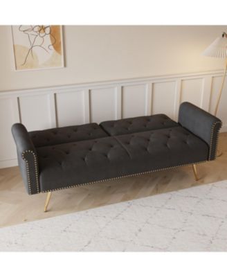 Black Velvet Sofa Bed with Nailhead Trim & Pillow