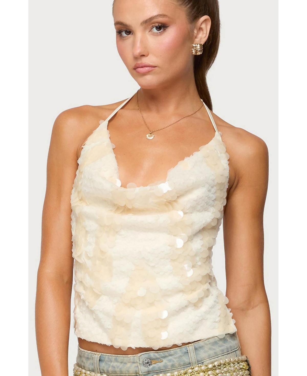 Edikted Womens Reid Backless Sequin Cowl Neck Top - Cream