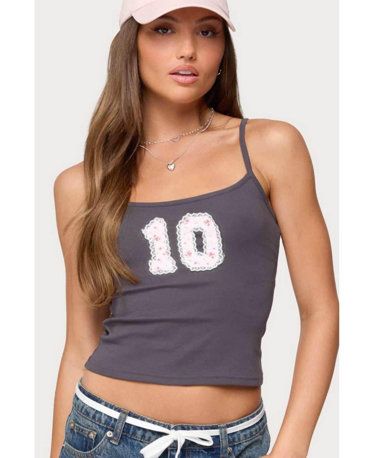 Womens 10 Floral Lacey Patch Tank Top - Dark-gray
