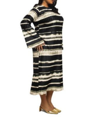 Women's Long Sleeved Striped Plisse Midi Dress