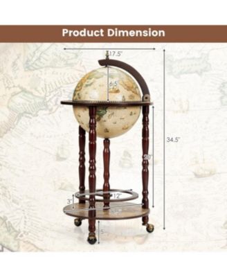 Wooden Globe Bar Cart with Wine Rack and Wheels, Classic Italian Style Design