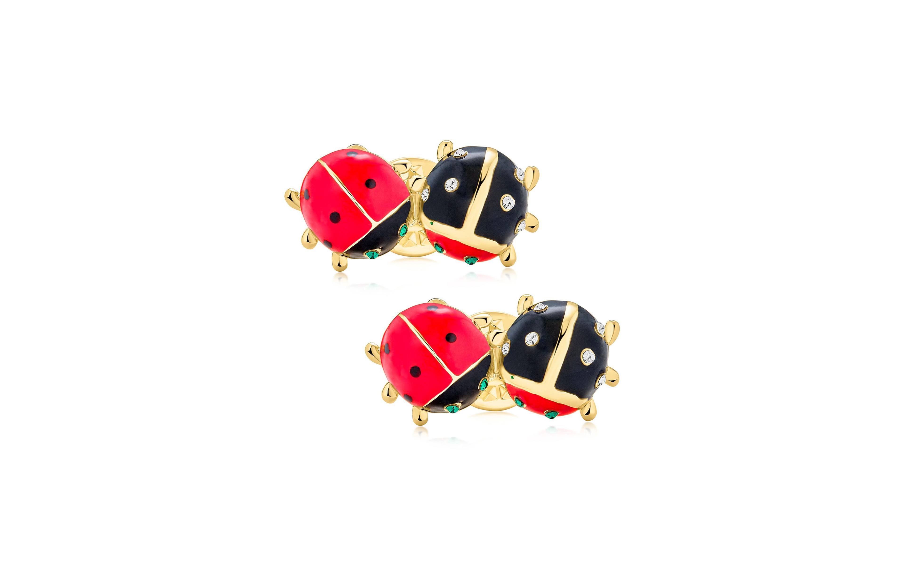 Bling Jewelry Set of 2 Lucky 2 Ladybug Red Black Gold Enamel Green Eye Crystal Lapel Push Pin